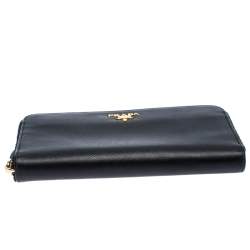 Pre Owned Prada Black Saffiano Metal Leather Zip Around Wallet