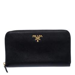 Pre Owned Prada Black Saffiano Metal Leather Zip Around Wallet