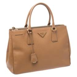 Pre Owned Prada Caramel Saffiano Lux Leather Medium Double Zip Tote