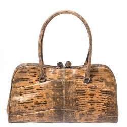 Pre Owned Prada Beige/Brown Lizard Frame Satchel