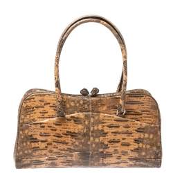 Pre Owned Prada Beige/Brown Lizard Frame Satchel