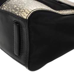 Pre Owned Prada Black/Cream Lizard, Nylon and Leather Turnlock Top Handle Bag