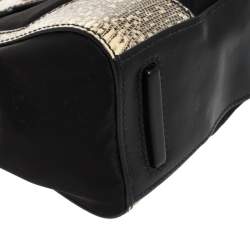 Pre Owned Prada Black/Cream Lizard, Nylon and Leather Turnlock Top Handle Bag