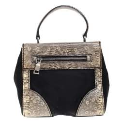 Pre Owned Prada Black/Cream Lizard, Nylon and Leather Turnlock Top Handle Bag