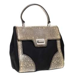 Pre Owned Prada Black/Cream Lizard, Nylon and Leather Turnlock Top Handle Bag