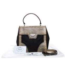 Pre Owned Prada Black/Cream Lizard, Nylon and Leather Turnlock Top Handle Bag