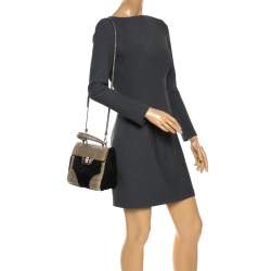 Pre Owned Prada Black/Cream Lizard, Nylon and Leather Turnlock Top Handle Bag