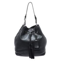 Pre Owned Prada Black Leather Drawstring Bucket Bag