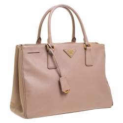 Pre Owned Prada Nude Beige Saffiano Lux Leather Medium Double Zip Tote