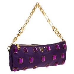 Pre Owned Prada Purple Satin Jeweled Chain Clutch