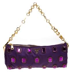 Pre Owned Prada Purple Satin Jeweled Chain Clutch
