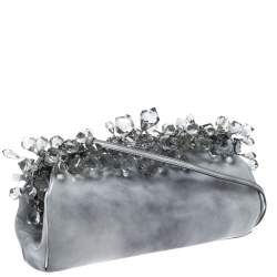 Pre Owned Prada Grey Patent Leather Crystal Encrusted Chain Clutch