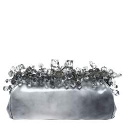 Pre Owned Prada Grey Patent Leather Crystal Encrusted Chain Clutch