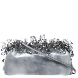 Pre Owned Prada Grey Patent Leather Crystal Encrusted Chain Clutch