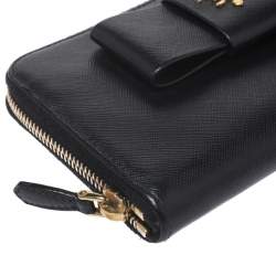 Pre Owned Prada Black Saffiano Lux Leather Bow Zip Around Wallet