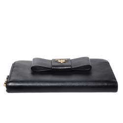 Pre Owned Prada Black Saffiano Lux Leather Bow Zip Around Wallet