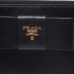 Pre Owned Prada Black Saffiano Lux Leather Bow Zip Around Wallet