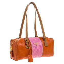Prada Orange/Pink Perforated Leather Small Fori Striped Boston Bag