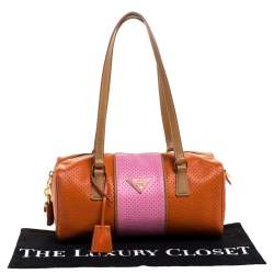 Prada Orange/Pink Perforated Leather Small Fori Striped Boston Bag
