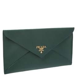 Pre Owned Prada Green Saffiano Lux Leather Envelope Wallet