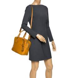 Pre Owned Prada Ocra Yellow Saffiano Leather Bauletto Bag