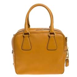 Pre Owned Prada Ocra Yellow Saffiano Leather Bauletto Bag