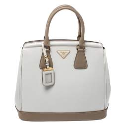 Pre Owned Prada Beige/White Saffiano Lux Leather Parabole Shopping Tote