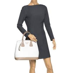 Pre Owned Prada Beige/White Saffiano Lux Leather Parabole Shopping Tote