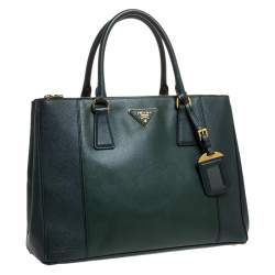 Pre Owned Prada Green Bicolor Saffiano Lux Leather Medium Double Zip Tote