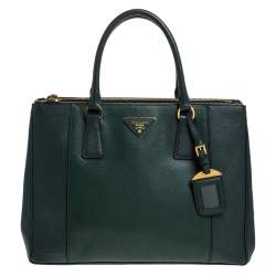 Pre Owned Prada Green Bicolor Saffiano Lux Leather Medium Double Zip Tote