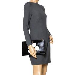 Pre Owned Prada Black Saffiano Vernice Flower Clutch
