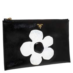 Pre Owned Prada Black Saffiano Vernice Flower Clutch