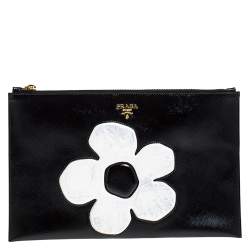 Pre Owned Prada Black Saffiano Vernice Flower Clutch