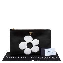 Pre Owned Prada Black Saffiano Vernice Flower Clutch