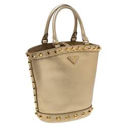 Pre Owned Prada Metallic Gold Saffiano Vernice Studded Bucket Bag