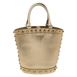 Pre Owned Prada Metallic Gold Saffiano Vernice Studded Bucket Bag