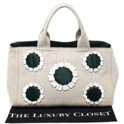Pre Owned Prada Light Beige Canvas Floral Patch Tote