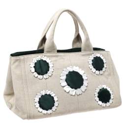Pre Owned Prada Light Beige Canvas Floral Patch Tote