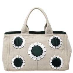 Pre Owned Prada Light Beige Canvas Floral Patch Tote