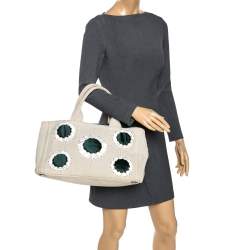 Pre Owned Prada Light Beige Canvas Floral Patch Tote