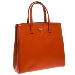 Pre Owned Prada Orange Saffiano Vernice Leather Parabole Tote