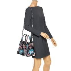 Pre Owned Prada Black Floral Print Saffiano Leather Double Zip Tote.