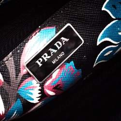 Pre Owned Prada Black Floral Print Saffiano Leather Double Zip Tote.