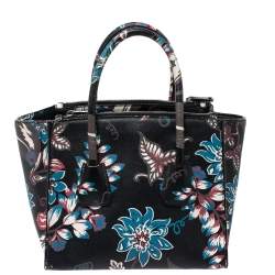 Pre Owned Prada Black Floral Print Saffiano Leather Double Zip Tote.