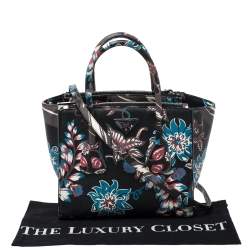 Pre Owned Prada Black Floral Print Saffiano Leather Double Zip Tote.
