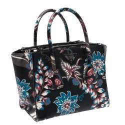 Pre Owned Prada Black Floral Print Saffiano Leather Double Zip Tote.