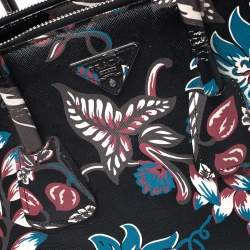 Pre Owned Prada Black Floral Print Saffiano Leather Double Zip Tote.