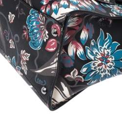 Pre Owned Prada Black Floral Print Saffiano Leather Double Zip Tote.