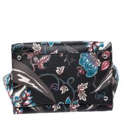 Pre Owned Prada Black Floral Print Saffiano Leather Double Zip Tote.