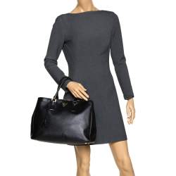 Pre Owned Prada Black Saffiano Lux Leather Large Double Zip Tote
